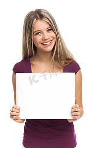 招牌摄影照片_显示空白招牌的微笑的妇女