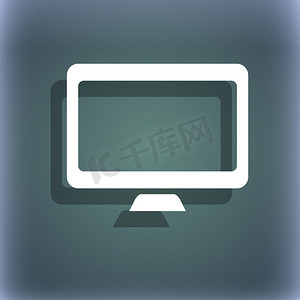 蓝绿色抽象背景上的计算机宽屏监视器图标符号，带有文本的阴影和空间。
