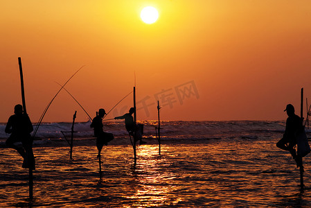 夕阳下传统高跷渔民的轮廓