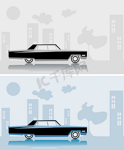复古设计海报摄影照片_复古汽车凯迪拉克假纸卡，城市海报，复古设计