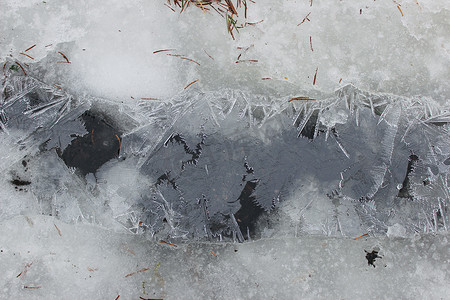 冬天冰封摄影照片_春天，水晶般的冰壳覆盖着一个水坑。