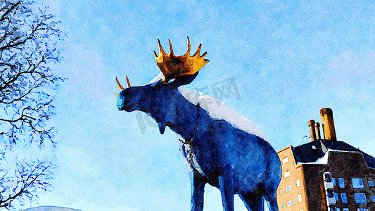 麋鹿背景摄影照片_艺术，冬季瑞典北部基律纳白雪皑皑的中心广场之一的麋鹿雕像