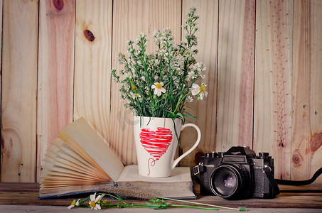 鲜花放在书本的玻璃木中，背景是照相机。