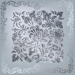 灰色背景矢量摄影照片_在灰色背景的抽象银色花卉装饰品