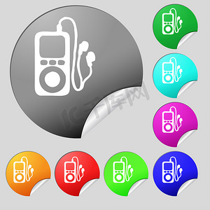 MP3 播放器、耳机、音乐图标标志。