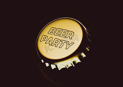 金色标签摄影照片_带有啤酒派对浮雕字样的啤酒瓶金色瓶盖。 
