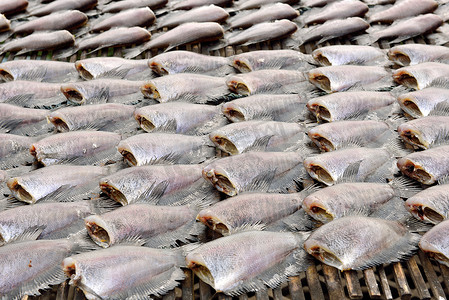 烹调前晒干的咸鱼在泰国市场销售