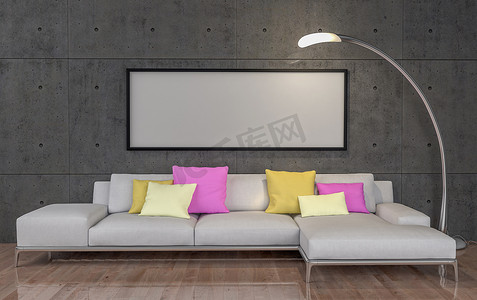 模拟海报，大沙发，混凝土墙背景，3d 插图