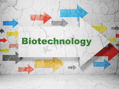 科学概念： 箭头与垃圾墙背景上的生物技术