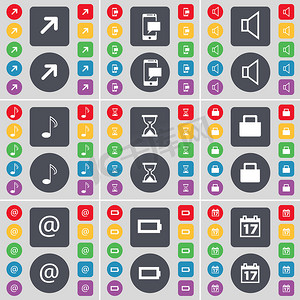全屏、短信、声音、笔记、沙漏、锁、邮件、电池、日历图标符号。