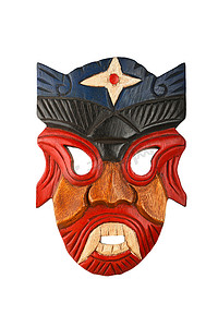红色恶魔面具摄影照片_白色隔离的亚洲传统木制彩绘面具