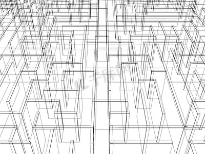 无尽的迷宫 3d 插图，线框