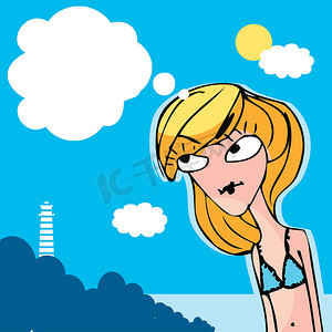 蓝色卡通头发摄影照片_夏日海滩女孩卡通涂鸦思考或说话