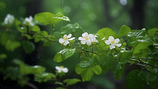 绿色简约插画摄影照片_春季谷雨绿色叶子花开自然