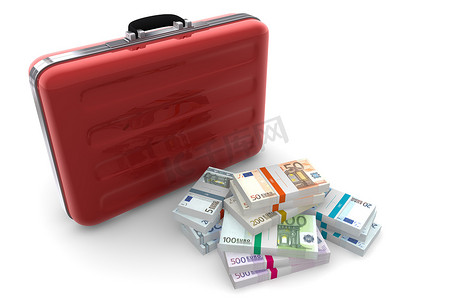 红色公文包摄影照片_欧元现金包和金属红色公文包