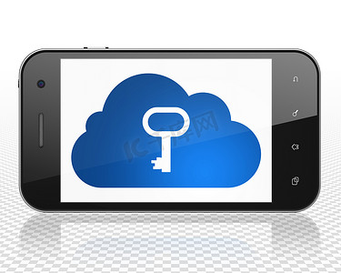 云网络概念：有云的智能手机与钥匙在显示