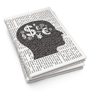 年终总结财务部摄影照片_学习的概念： 报纸背景上有财务符号的头