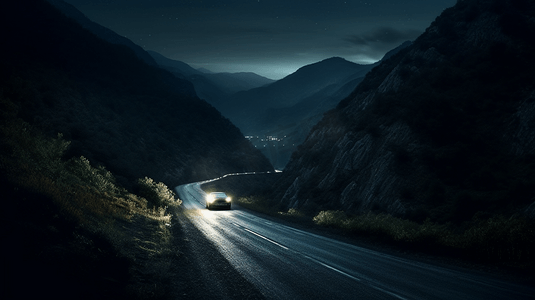 夜间在山路上行驶的汽车