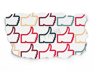 社交媒体概念： 大拇指撕纸背景上的图标
