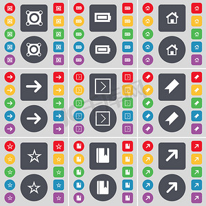 扬声器、电池、房子、向右箭头、标记、星形、字典、全屏图标符号。