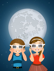孩子们戴着 3d 太阳镜看日食