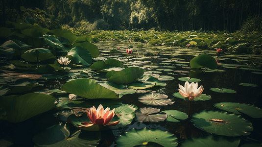 插画荷叶摄影照片_宁静池塘的荷花插画