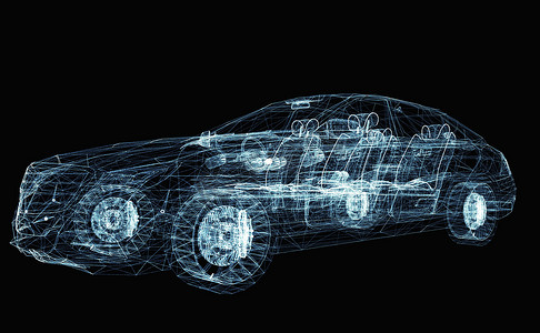 汽车线框摄影照片_由发光线和点组成的抽象汽车