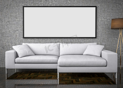 棕色海报摄影照片_模拟海报，大沙发，混凝土墙背景，3d 插图
