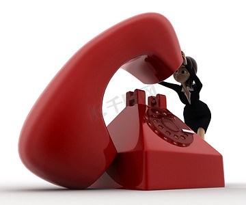 有大红色电话概念的 3d 女人