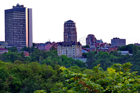 城市街区摄影照片_在前景绿树的映衬下，城市街区矗立着各种建筑的高层建筑。