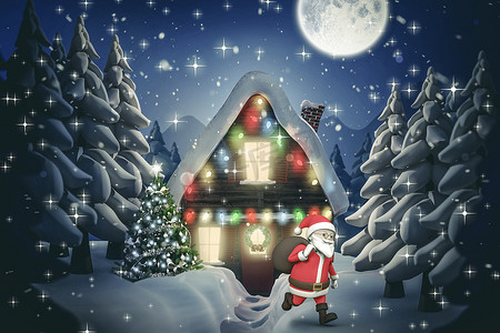 卡通村子摄影照片_卡通圣诞老人背着麻袋跑的复合形象