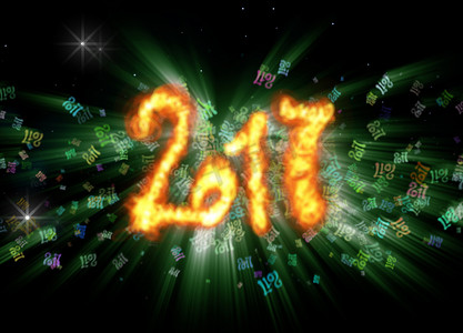 新年快乐3摄影照片_新年快乐 2017 孤立的数字在充满飞行数字的明亮散景背景上写着火 3d 插图
