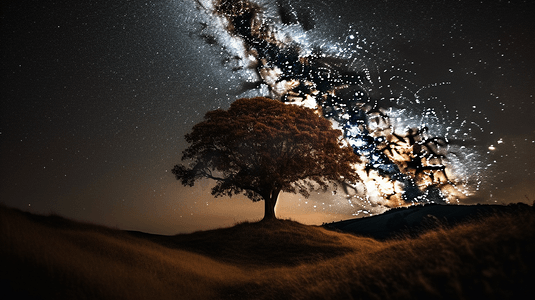一棵孤零零的树在布满星星的夜空下的小山上