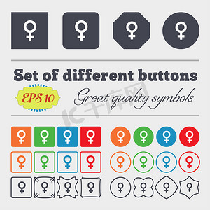 标签徽章摄影照片_Symbols gender, Female, Woman sex icon sign 一大套五颜六色、多样化、高质量的按钮。