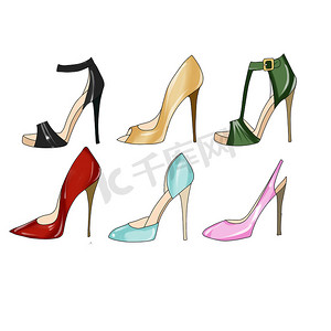 时尚插画-一套不同类型的鞋跟鞋