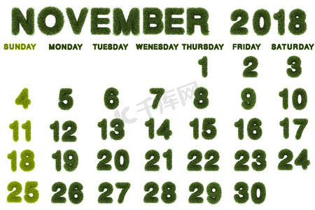 2018 年 11 月的日历，白色背景，3d 渲染 gree