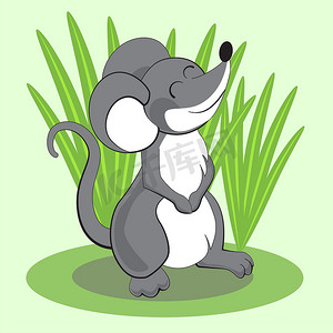 漂亮的卡通老鼠站在草地上微笑。
