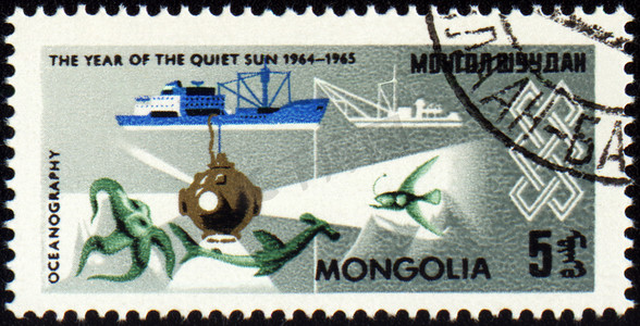 深海图片摄影照片_邮票上的研究船和深海球