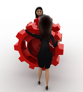 3d 女人与红色齿轮概念