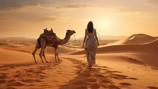 行走的骆驼摄影照片_沙漠中行走的骆驼美女4