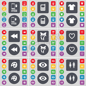 智能手机、手机、T 恤、倒带、弓、心、调色板、视觉、剪影图标符号。