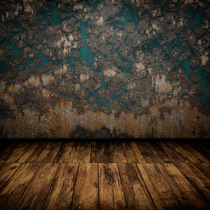 Grunge 工业内饰与木地板和旧损坏的墙