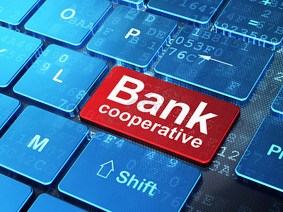 货币概念：计算机键盘背景上的合作银行