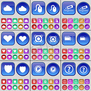 云、鼠标、寄存器、心脏、扬声器、手电筒、徽章、停车位、问号。