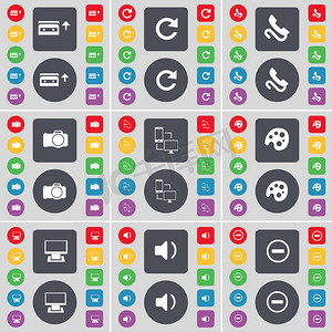 调色板图标图标摄影照片_盒式磁带、重新加载、接收器、相机、连接、调色板、监视器、声音、减号图标符号。