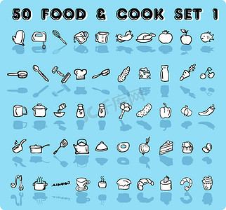 主页图标 50 个蓝色矢量食物和厨师图标、徽章、标签集 1。
