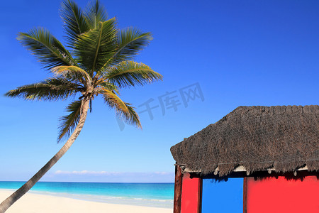 加勒比可可椰子树和红色小屋客舱