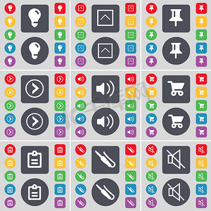 灯泡、向上箭头、Pin、向右箭头、声音、购物车、调查、麦克风连接器、静音图标符号。