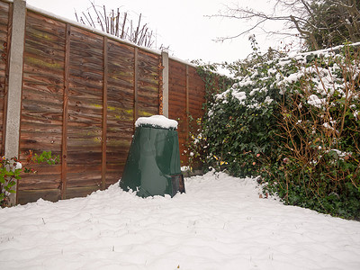 垃圾箱和摄影照片_绿色垃圾箱盖、栅栏和地板上后花园的雪