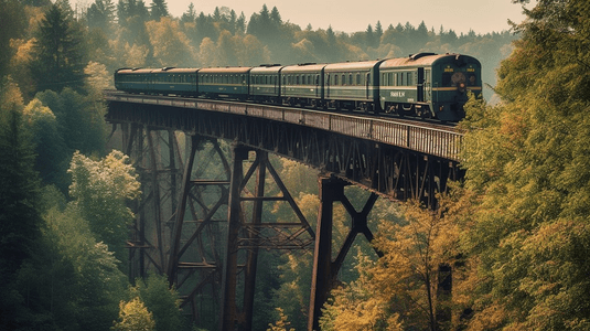 白天，树木环绕的桥上的火车